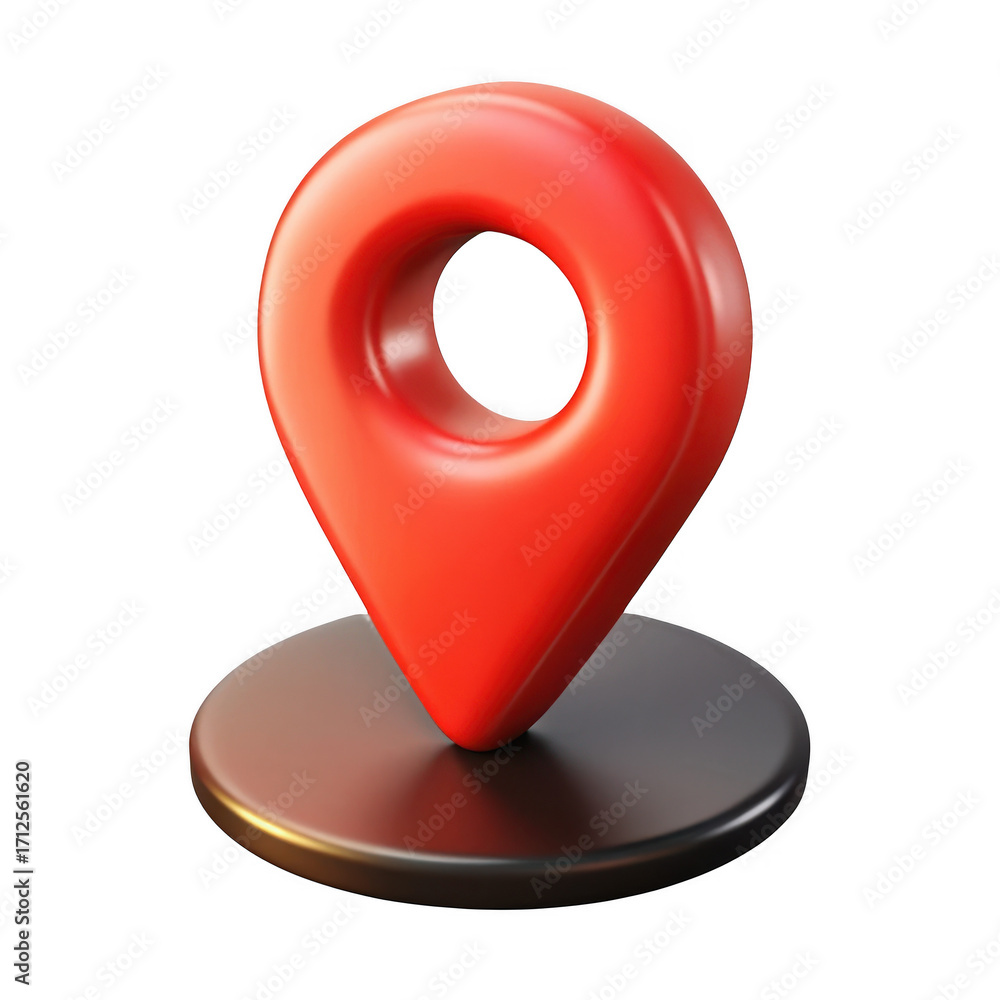 Fototapete glossy 3d red map pin icon floating on metallic base for location services and navigation