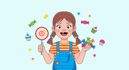Happy Child Holding Candies: Whimsical Cartoon Illustration of Joyful Moments