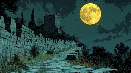 Mysterious Stone Path Leading to Fortress Under Moonlight Night Scenery