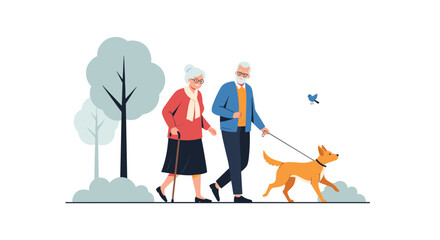 Naklejka premium Elderly couple enjoying a peaceful walk with their dog in the park.