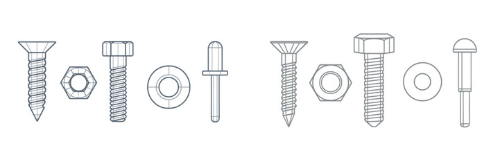 Various types of nuts and bolts displayed in a simple line drawing format for clear identification and reference