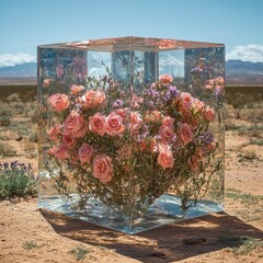 Roses Preserved in Ice Cube Displayed in Desert Landscape Setting