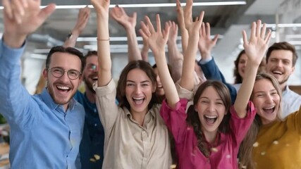 Enthusiastic Workforce Celebration: A diverse group of colleagues radiate pure joy and elated energy. This vibrant photo captures a moment of triumph, the embodiment of collaboration and success