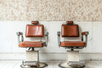 Two vintage barber chairs sit against a peeling wall, evoking a sense of nostalgia in a rustic, abandoned space.