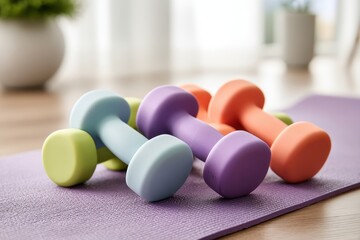 Colorful Dumbbells on a Purple Yoga Mat