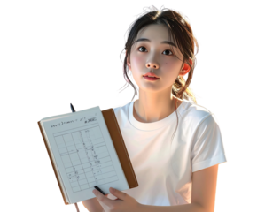 A young Asian woman in a casual T-shirt holds an open notebook and pen, gazing upward