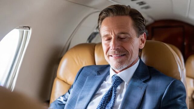 Jet-setting Confidence: A distinguished business executive radiates serene focus and unwavering confidence while on a private jet. capturing the elegance of business travel and personal achievement.