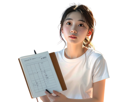 A young Asian woman in a casual T-shirt holds an open notebook and pen, gazing upward