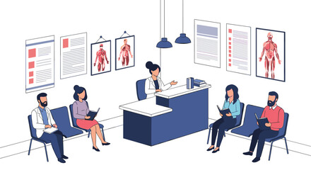 Patients wait in a doctor's office reception area.