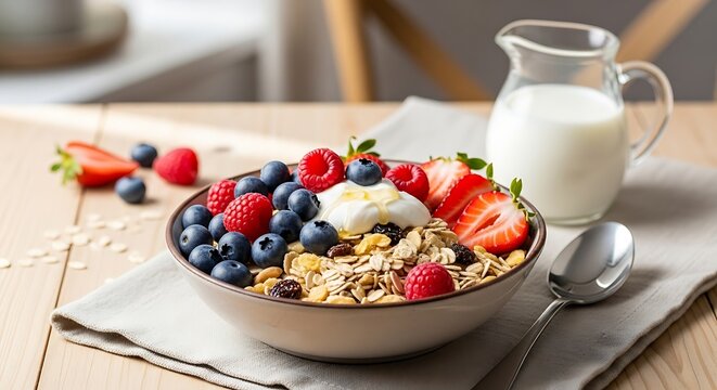 Delicious and healthy breakfast bowl with berries and granola.