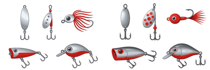 Variety of fishing lures and baits displayed on a white background for anglers in a fishing tackle shop