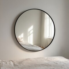Minimalist Round Mirror Reflecting a Sunlit Bedroom with Textured Bedding