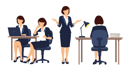Four businesswomen engaged in various office tasks.