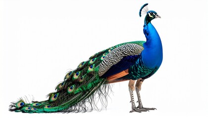 Fototapeta premium A vibrant peacock stands with tail fully fanned—blue, green, and iridescent eyes shimmer as another peacock soars above, evoking courtship, majesty, and the surreal rhythm of nature in motion.