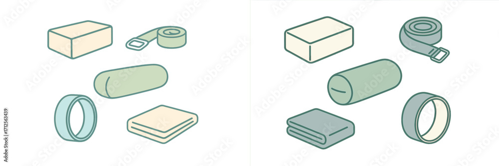 Poster collection of various geometric shapes and objects arranged on a simple background
