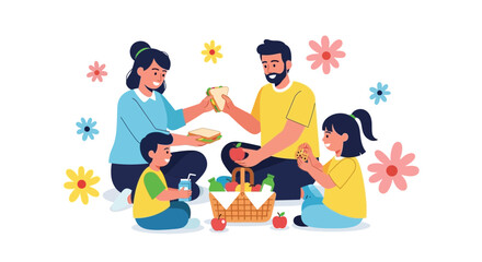 Happy Family Picnic Enjoying Sandwich And Healthy Food With Nature Around