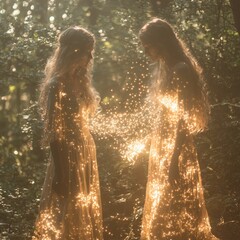 Two Fairies Casting Magic in Enchanted Forest with Golden Light