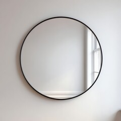 Minimalist Round Mirror with Black Frame Reflecting a Window and Wall