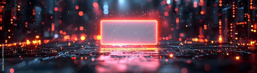 Poster abstract futuristic digital cyberspace with a glowing neon rectangular frame and vibrant bokeh light