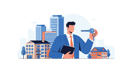 Real estate agent holding a key with buildings in the background.