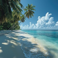Turquoise Ocean Waves on Sandy Beach with Palm Trees and Blue Sky