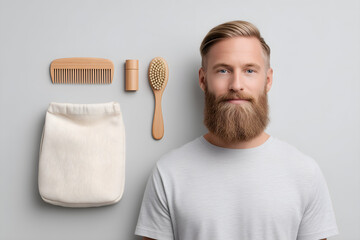 Handsome bearded man presents a modern beard grooming kit for a stylish, well-groomed look
