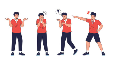 Young man displaying various emotions and reactions in distinct poses.