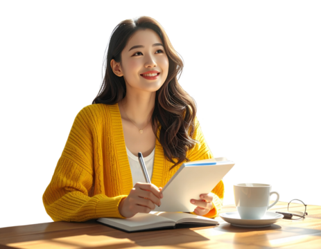Happy Asian Woman Holding Notebook and Pen in Thought PNG
