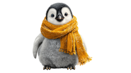 Cute penguin chick with winter scarf cartoon style isolated on white background
