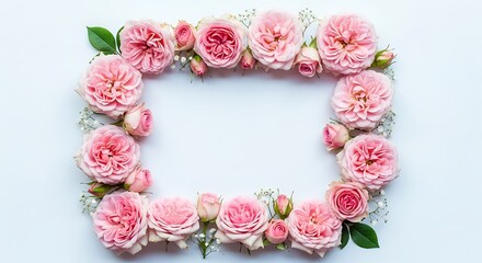 Elegant floral frame of pink roses on a white background.