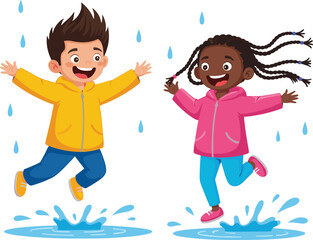Joyful Diverse Children Jumping in Puddles and Splashing Water in the Rain Wearing Jackets, Happy Childhood Fun