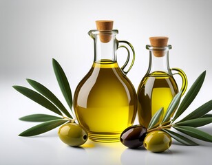 olive oil and olives on a white background