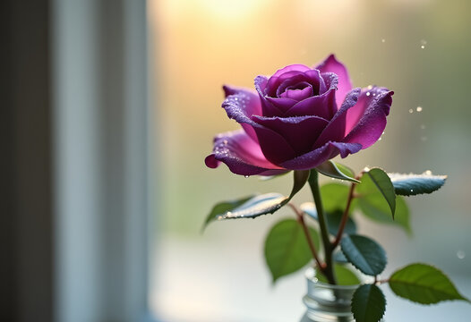 Purple Rose with Dewdrops in Sunlight - Powered by Adobe