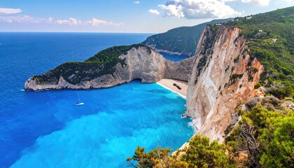 Navagio Beach Turquoise Waters Aerial View Of Cliffside Coastline In Greece