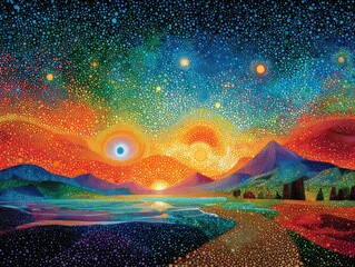 Colorful Dot Art Landscape with Mountains, Lake, and Sunset