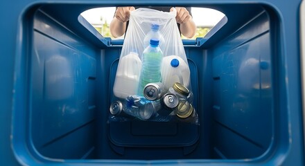 A person's hands holding a clear bag of recyclables over a large blue recycling bin.