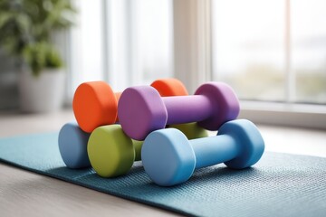 Colorful Dumbbells Stacked on Blue Yoga Mat Near Window for Fitness