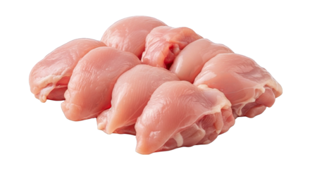 Pile of fresh, raw chicken thighs displayed in an appetizing manner on black background.