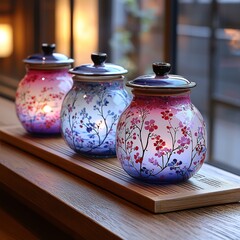 Decorative Floral Jars with Lids on Wooden Tray Interior Decor