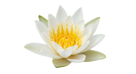 Isolated white water lily blossom, aquatic plant, vibrant yellow stamen, beautiful flower