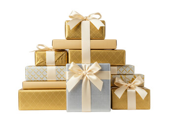 Isolated stack of gifts with elegant wrapping and bows, luxurious party, holiday season