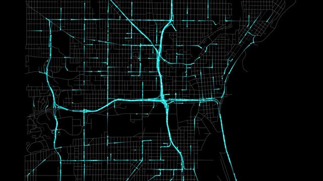 Urban Traffic Flow Map Simulation in Milwaukee, Wisconsin, GPS Smart city route Transportation