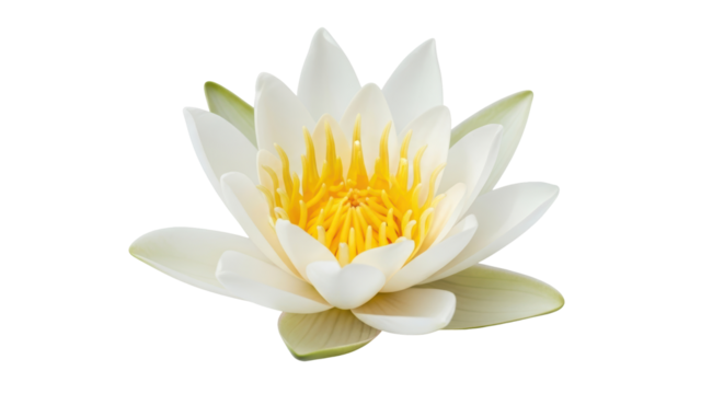 Isolated white water lily blossom, aquatic plant, vibrant yellow stamen, beautiful flower
