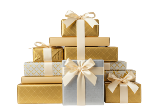 Isolated stack of gifts with elegant wrapping and bows, luxurious party, holiday season