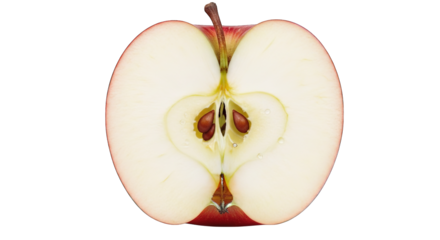 Detailed cross-section of a ripe red apple showcasing its seeds and crisp, juicy flesh on black.