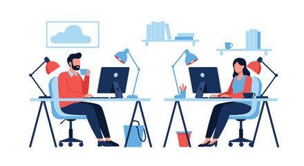 Two colleagues working diligently at their desks in an office setting.