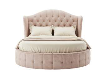 Isolated upholstered round platform bed with button-tufted headboard, luxury bedroom style