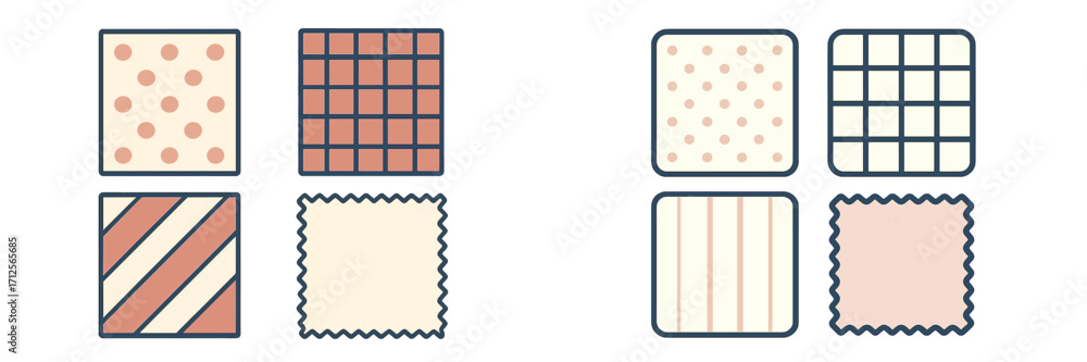 Poster colorful patterns arranged in a grid showing different designs and textures in a simplistic style