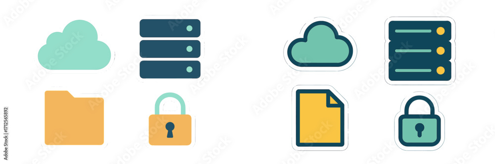 Poster colorful icons representing cloud computing, data storage, and security for digital information mana