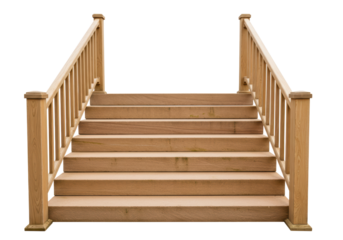Isolated wooden staircase with handrails, a classic design for decks, patios, and outdoor spaces
